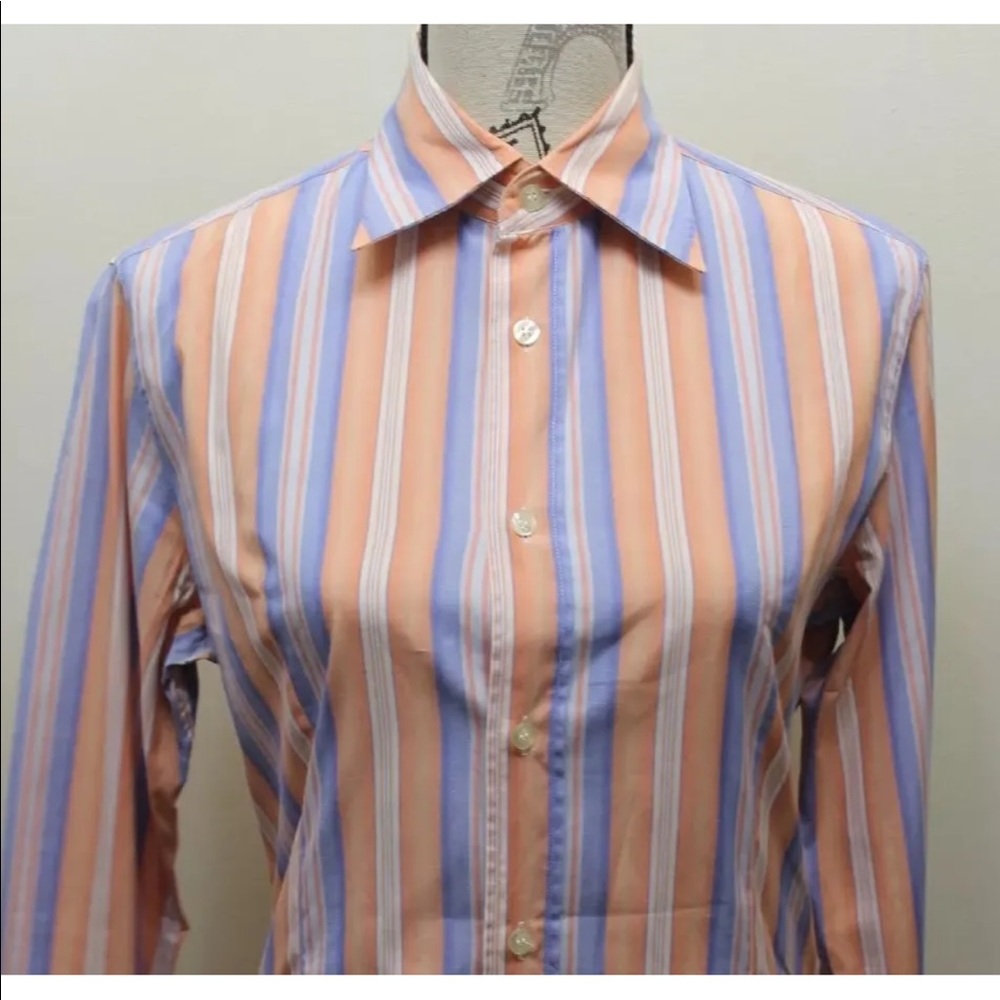 Kenneth Cole Women Orange Stripe Long Sleeve Dress Shirt Italy Made Small Cotton